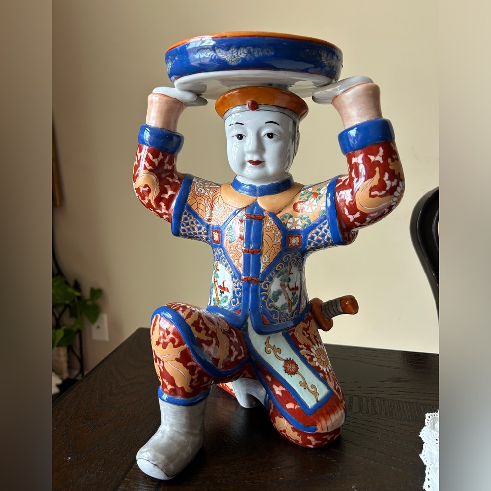 RARE Mid 20th Century Hand Painted Chinese Figurine Man Holding Plate